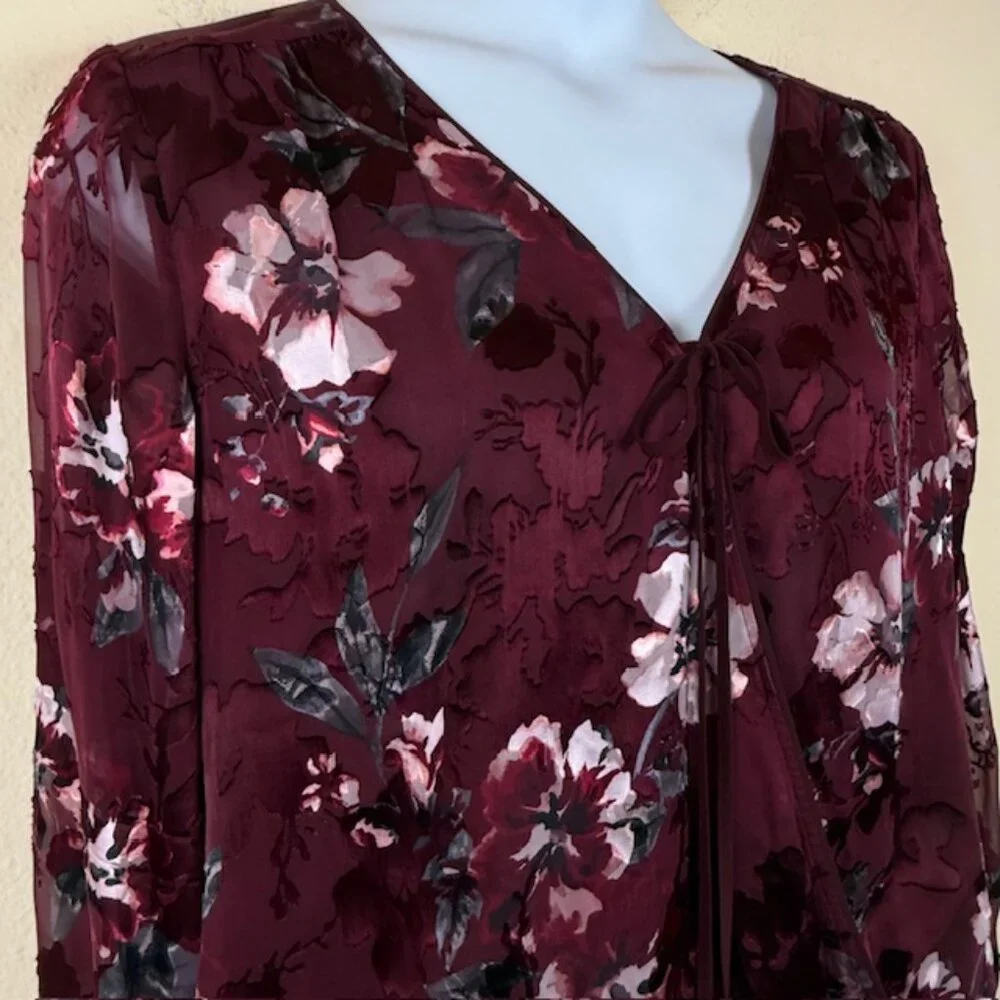 White House Black Market Blouse Women 16 Silk Blend Burgundy Long Sleeve - Picture 6 of 16